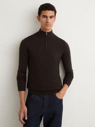 Reiss Dark Brown Merino Wool Half-zip Funnel Neck Jumper, XL