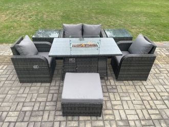Fimous Rattan Garden Furniture Set Outdoor Patio Gas Fire Pit Dining Table & Chairs with 2 Side Tables in Dark Grey
