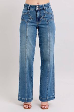 Judy Blue High Waist Wide Leg Jean With Star In Medium Wash