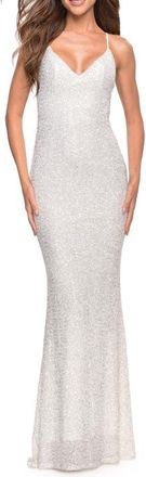 La Femme Luxurious Soft Sequin Dress with V Neckline in White at Nordstrom, Size 10
