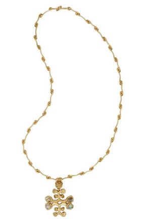 Tory Burch Logo Pendant Necklace in Antique Light Brass /Abalone at Nordstrom