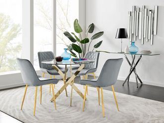 Furniturebox Novara 100cm Round Tempered Glass Dining Table with Gold Legs & 4 Pesaro Velvet Chairs in Grey