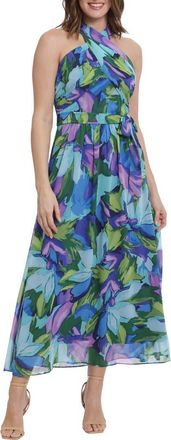 London Times Wrap Halter Floral Print Maxi Dress in Aqua/Royal at Nordstrom Rack, Size 12P