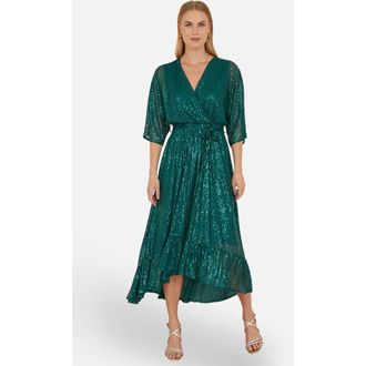 Yumi Sequin Midi Wrap Dress in Green at Nordstrom, Size 10