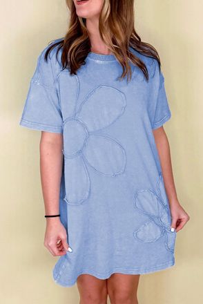 Azura Exchange Womens Flower Applique Tshirt Dress - Light Blue Cotton - Size X-Large