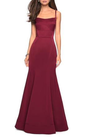 La Femme Fitted Long Dress with Seams and Large Gold Zipper in Burgundy at Nordstrom, Size 12