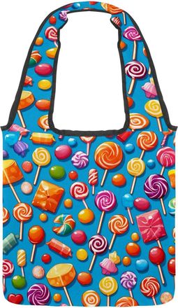 Generic Blue Candy Pattern Reversible Canvas Shoulder Tote - Double-Sided Print, 12oz Cotton, 27cm Drop, Fold-Flat Bag for Travel, Shopping, Street Outings