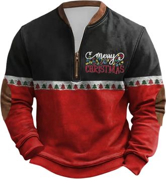 Generic Mens Christmas Jumpers 1/4 Zip Fleece Ugly Christmas Sweatshirt Pullover Men Long Sleeve Plus Size Funny Printed Xmas Jumper Winter Thermal Warm Cosy 