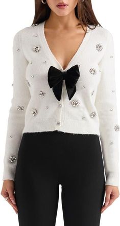 House of CB Beaubella Embellished Cardigan in Ivory at Nordstrom, Size X-Large