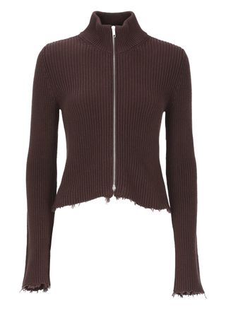 Maison Margiela Mahogany Brown Cotton Ribbed High Neck Zip Cardigan