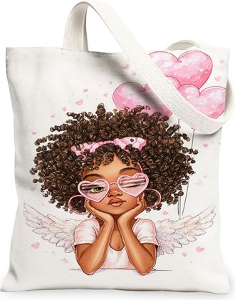Generic Cute Hearts Canvas Tote Bags, Artistic Angel Design Reusable Grocery Bags, Lightweight Washable Shoulder Strap Canvas for E, White, 13x15 Inch