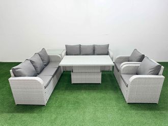 Fimous PE Rattan High Back Lounge Sofa Set Patio Adjustable Lifting Dining or Coffee Table & Chairs Set w/ 3 Seater Sofa Reclining Chair Side Table