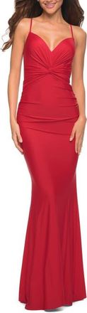 La Femme Prom Dress with Knot at Waist and Open Back in Red at Nordstrom, Size 00