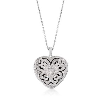 Ross-Simons Sterling Silver Scrolled Heart Locket Necklace With Diamond Accents