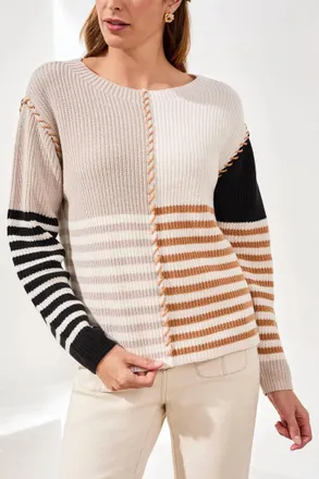 Tribal Textured Boat Neck Sweater In Multi Stripe