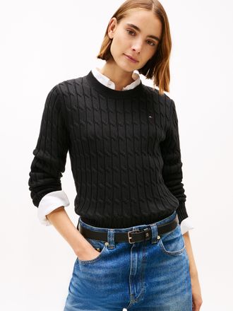 Tommy Hilfiger Rundhalspullover TOMMY HILFIGER CO CABLE MID GG C-NK LS SWT, Damen, Gr. XL (42), schwarz, Strick, Obermaterial: 100% Baumwolle, unifarben, regular fit