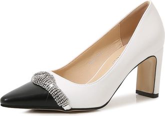 Generic White,8.5 UK,Womens High Chunky Closed Toe Block Heels Rhinestones Pointed Toe Wedding Party Elegant Slip On Pumps Colorblock Dress Shoes