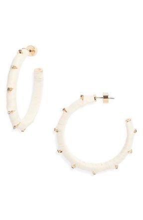 Nordstrom Crystal Accent Raffia Wrapped Hoop Earrings in Ivory- Clear- Gold at Nordstrom