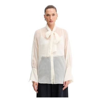 Twinset Overhemden, Dames, Beige, M, Polyester, Voile Blouse met Strikkraag