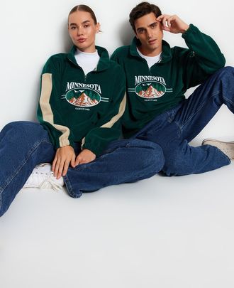 Trendyol MAN Unisex Groen Slogan Lang Oversized Sweatshirts