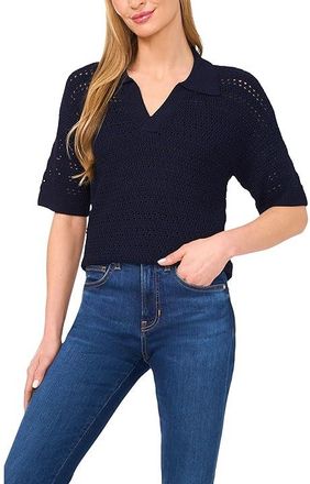 CeCe by Cynthia Steffe Open Knit Popover Polo Sweater Womens Sweater Classic Navy : XL, Nylon/Rayon
