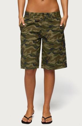 Edikted Camo Print Denim Bermuda Shorts in Olive at Nordstrom, Size X-Small