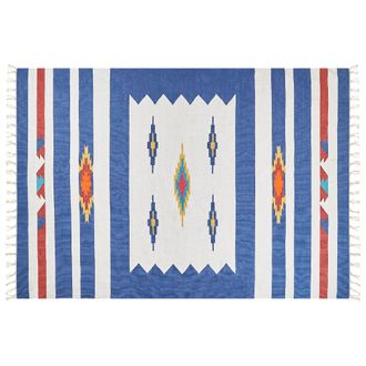 Beliani Beliani - Alfombra Kilim De Algod&oacute;n Azul Blanco Rojo 200 X 300 Cm A Mano Geom&eacute;trico Borlas Varser