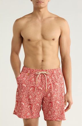 Scotch & Soda Leafy Floral Print Swim Trunks in Fire Whirl at Nordstrom Rack, Size X-Large
