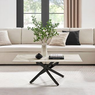 Furniturebox Leonardo Rectangular Marble Effect Glass Top Coffee Table With Black Metal Starburst Legs in White