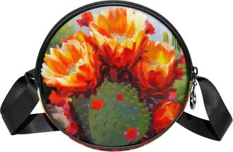 Generic Circle Crossbody Bag for Women, Red Cactus Flowers Small Sling Bag Daypack with Zipper Adjustable Shoulder Straps Casual Ladies Girls Round Purse