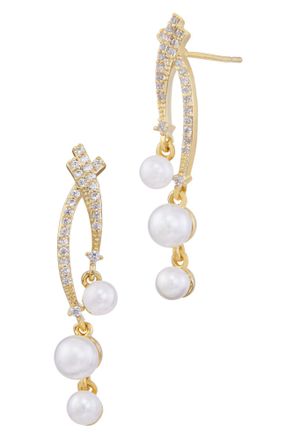 Savvy Cie Jewels DOUBLE DROP PEARLS WITH CZ AND FAUX PEARLS EARRINGS