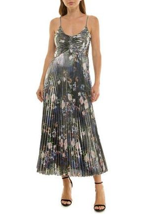 Nicole Miller Pleated Metallic Maxi Dress in Spring Black Metallic at Nordstrom Rack, Size 10