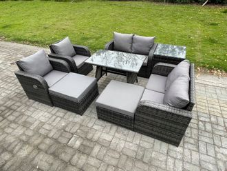 Fimous 8 Seater Wicker PE Rattan Garden Dining Set Outdoor Furniture Sofa with Rectangular Dining Table Side Table 2 Big Footstool in Dark Grey
