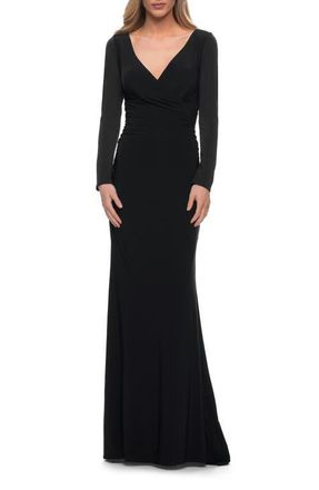 La Femme Long Sleeve Jersey Evening Dress with Ruching in Black at Nordstrom, Size 14