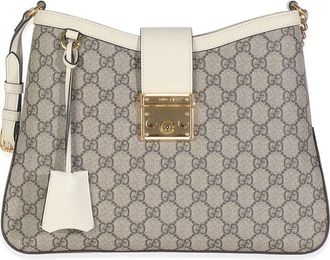 Gucci Beige & White GG Supreme Canvas & Calfskin Medium Padlock Shoulder Bag (Authentic Pre-Loved)