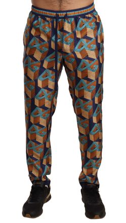 Dolce & Gabbana Mens Geometric Print Trousers Casual Style - Dark Blue Silk - Size EU 44 (Mens)
