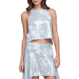 Avec Les Filles A-Line Sequin Floral Appliqu&eacute; Crop Top in Ice Blue at Nordstrom, Size X-Small
