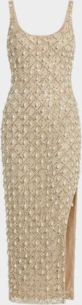 Mac Duggal Sleeveless Beaded Bodycon Mesh Midi Dress