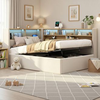 Merax 3FT Single Corner Ottoman Bed with LED Headboard & Charging Ports in Beige