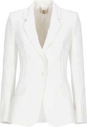 Elisabetta Franchi Ivory Embroidered Logo Flap Blazer