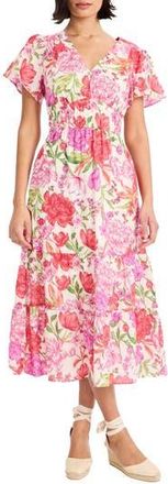 Maggy London Floral V-Neck Short Sleeve Tiered Midi Dress in Cream/Pink at Nordstrom Rack, Size 18 (Similar To 16W)