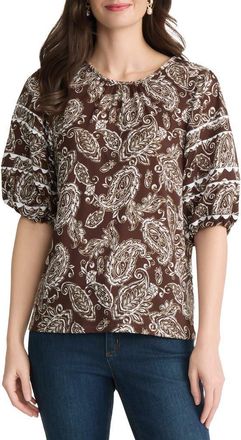 Jones New York Scalloped Trim Puff Sleeve Stretch Cotton Top in Fudge/white Sand Multi at Nordstrom, Size X-Small