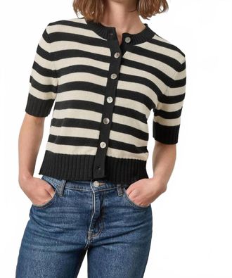Lilla P Elbow-Length Button Cardigan In Jet Black Stripe