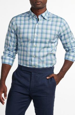 David Donahue Ombr&eacute; Twill Check Sport Shirt in Blue/Green at Nordstrom, Size Xx-Large