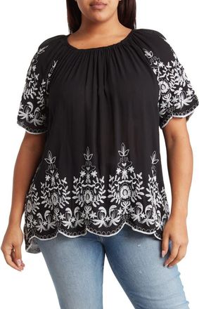 Forgotten Grace Embroidered Trim Peasant Tunic Top in Black/white at Nordstrom Rack, Size 1X