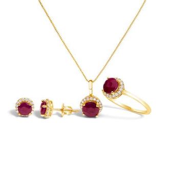 House of Brilliance 10K Gold Gemstone and 3/8 Cttw Diamond Halo Jewelry Set in Yellow | Red Ruby at Nordstrom