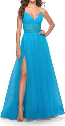 La Femme Tulle A-Line Corset Gown In Aqua