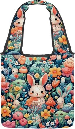 Generic Cute Fun Rabbit Reversible Canvas Shoulder Tote - Double-Sided Print, 12oz Cotton, 27cm Drop, Fold-Flat Bag for Travel, Shopping, Street Outings
