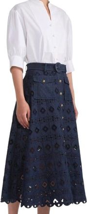 Saloni Denim Embroidered Kali Midi Skirt Size L