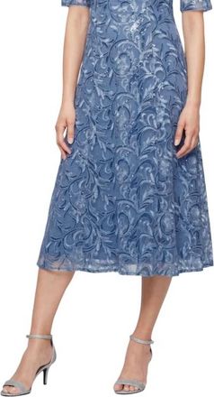 Alex Evenings Embroidered Tulle Sequin Midi Cocktail Dress In Dusty Blue